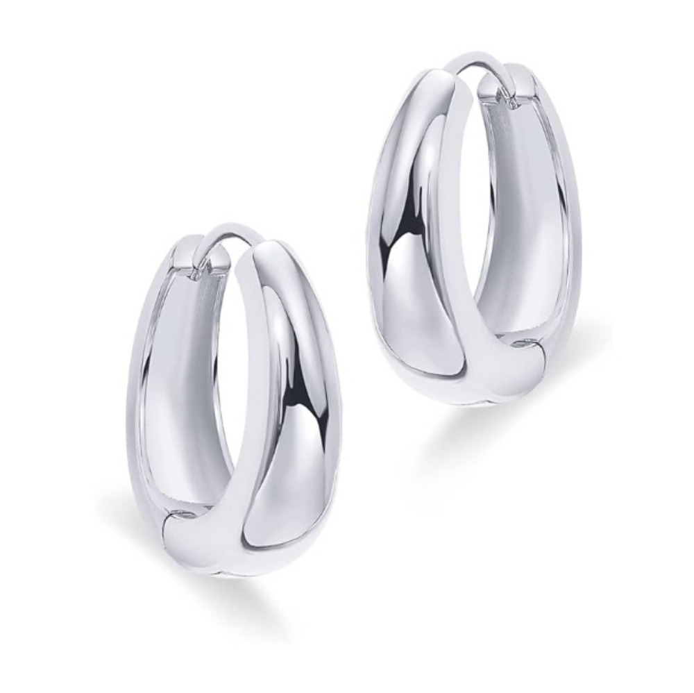 14K White Gold Plated 925 Sterling Silver Post Chunky Hoop Earrings - Picture 2 of 6